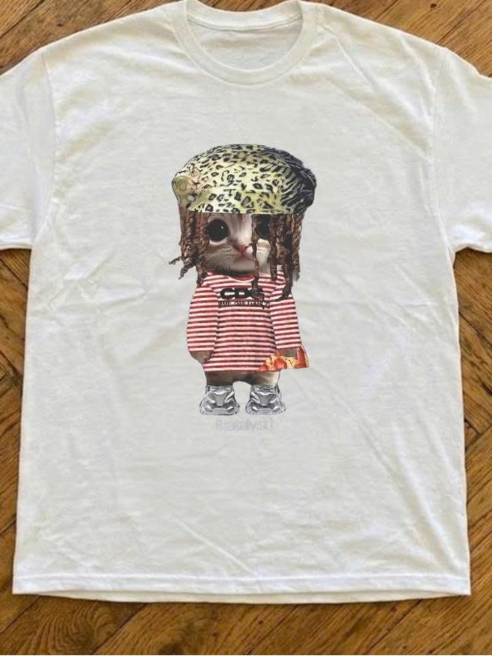 White Tee with Striped Doll Graphic and Leopard Cap